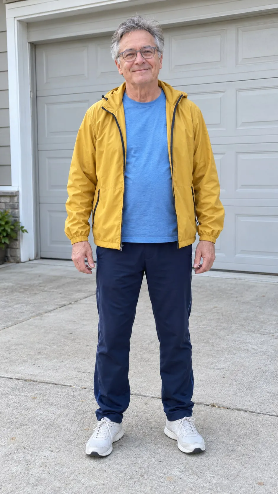 Synthetic older man in a yellow jacket standing in front of a garage