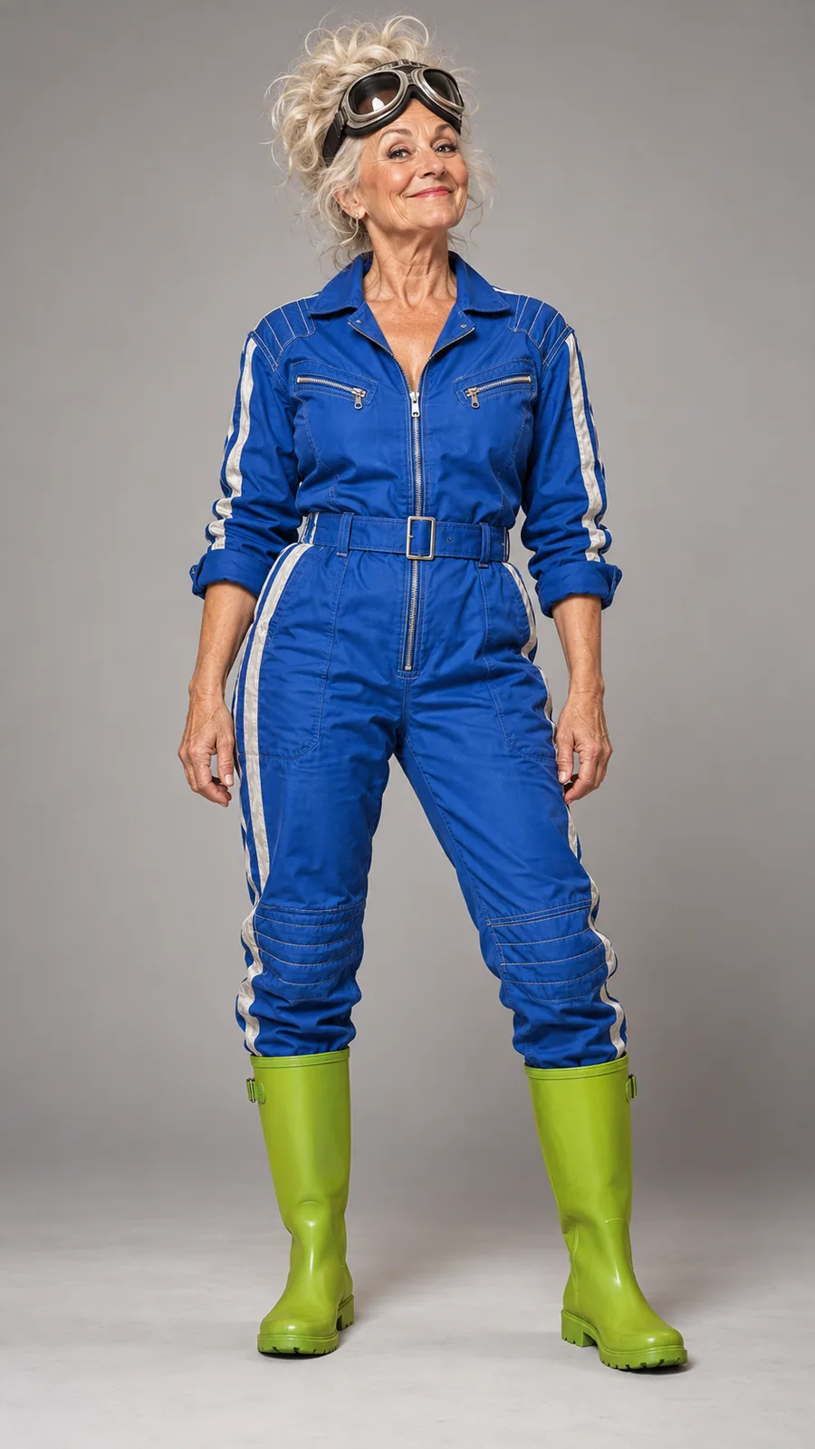 Synthetic older woman in a blue jumpsuit, goggles, and green boots