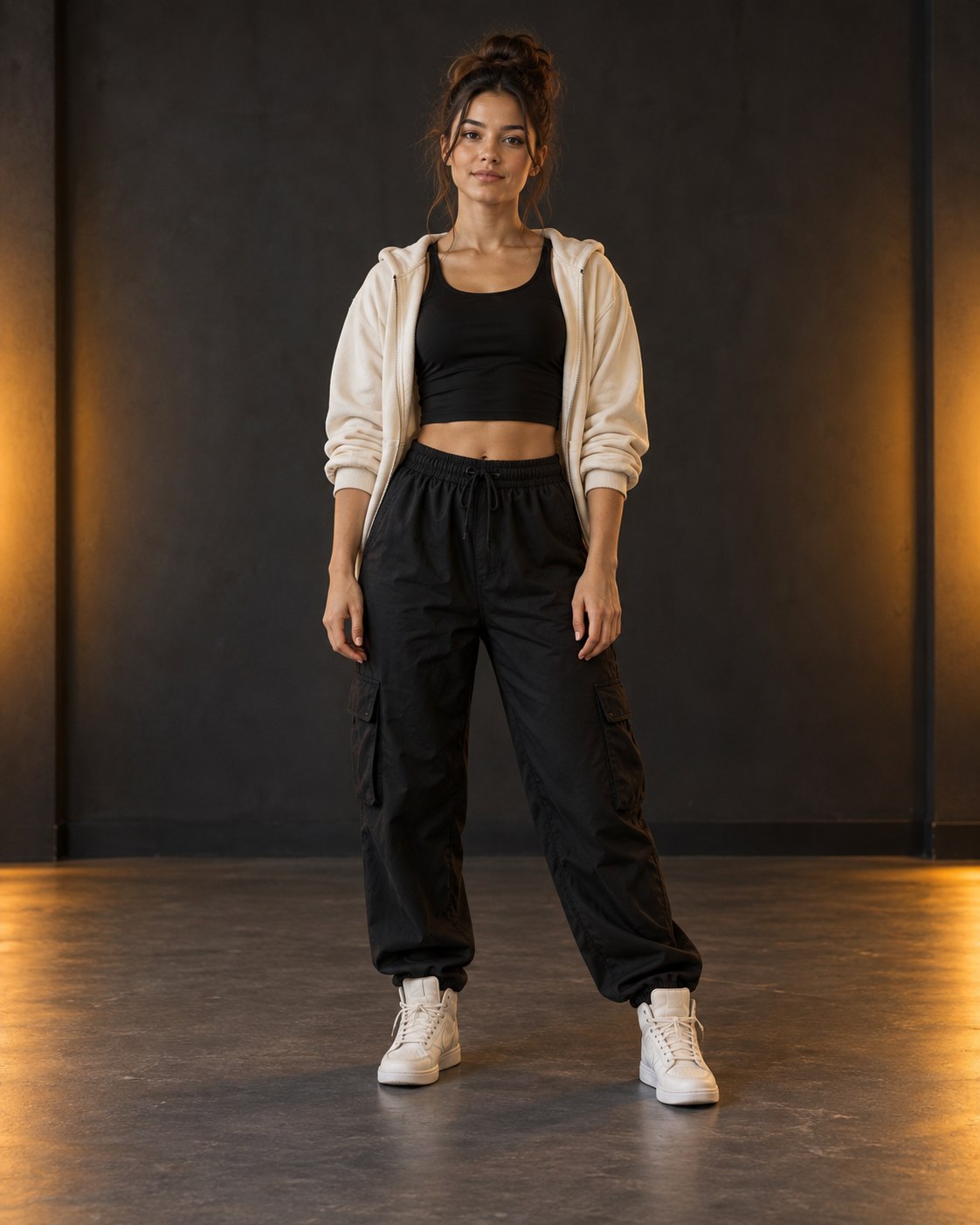 Synthetic woman in dark athletic clothing standing in a studio